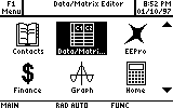 Graphing calculator home screen displaying app icons such as Contacts, Data/Matrix, EEPro, Finance, Graph, and Home, with the Data/Matrix Editor highlighted.